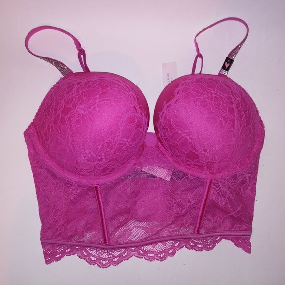 Victoria Secret Bra Set 34C Bombshell Push Up Medium Panty Shine Strap Pink Lace - Picture 13 of 16